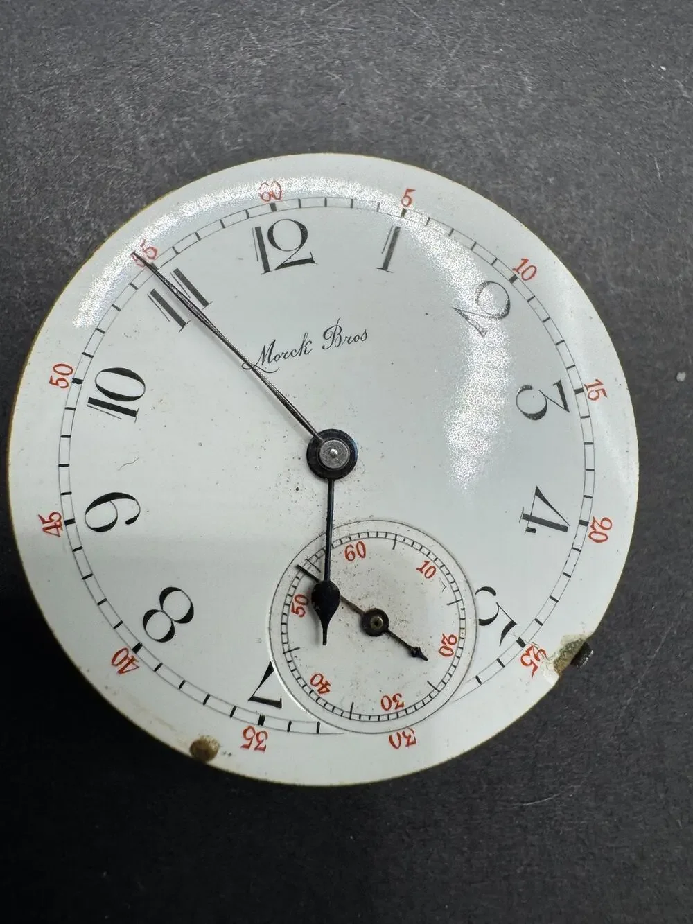 Antique Marck Bros Pocket Watch Movement White Dial 29mm For Parts/Repair